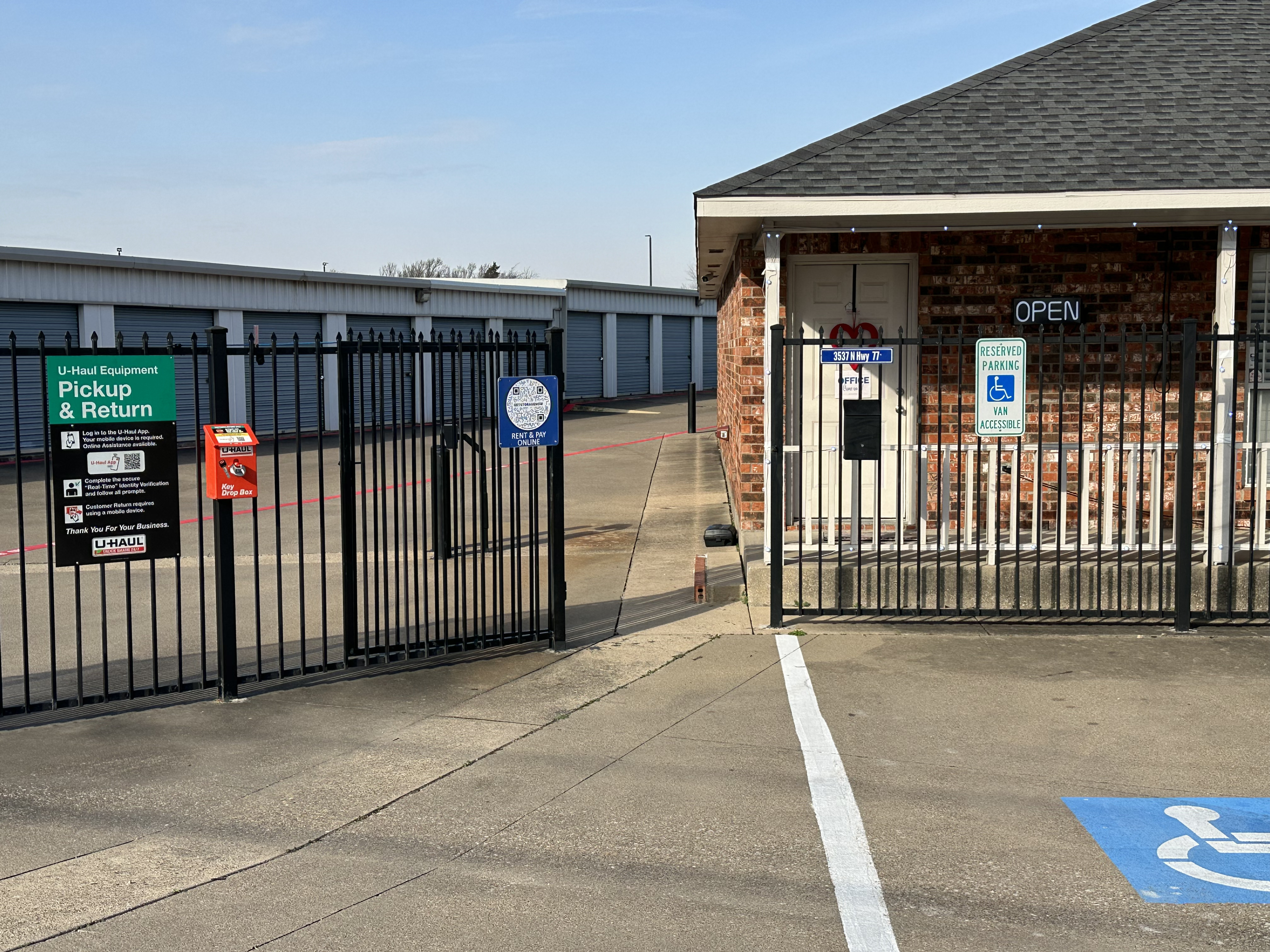 Front office and gated entrance at Security Self Storage in Waxahachie TX, serving Double Horn families with secure storage solutions